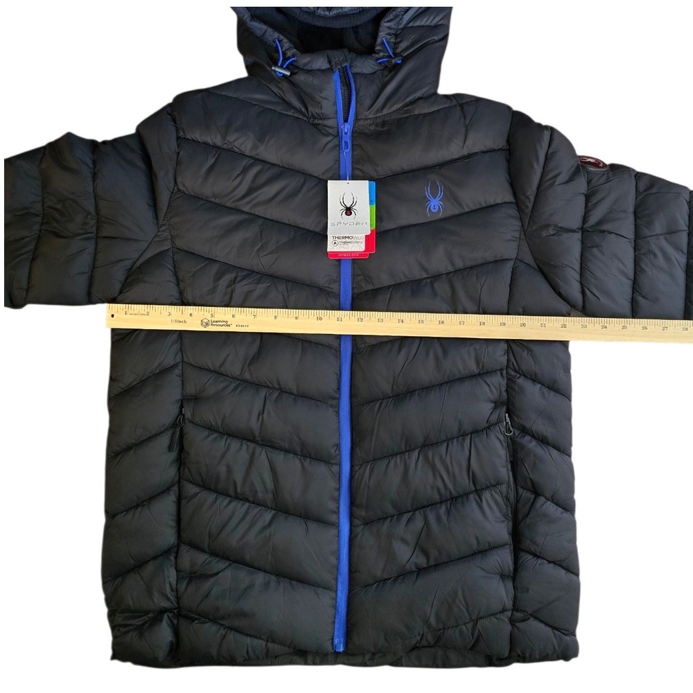 Spyder Mens Black Blue Hooded Puffer Jacket ThermoWeb Retail $199 Medium NWT NEW - Picture 4 of 12